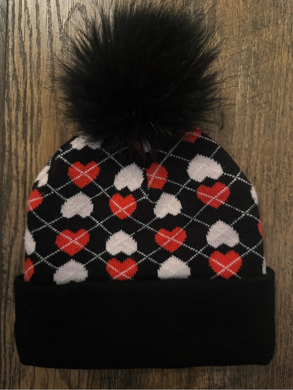 Women’s Juicy Couture Black Heart Pom Pom Beanie - Red & Pink Heart Pattern O/S